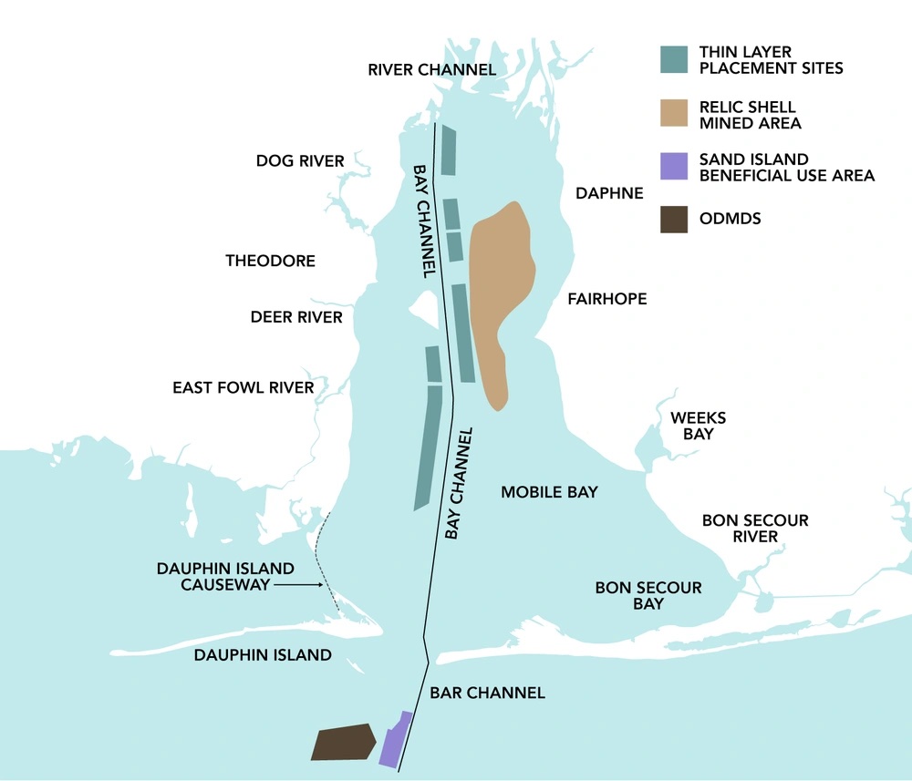 Official Mobile Bay map showing the Bay Channel, thin-layer placement sites, relic shell mined area, Sand Island Beneficial Use Area and ocean disposal site