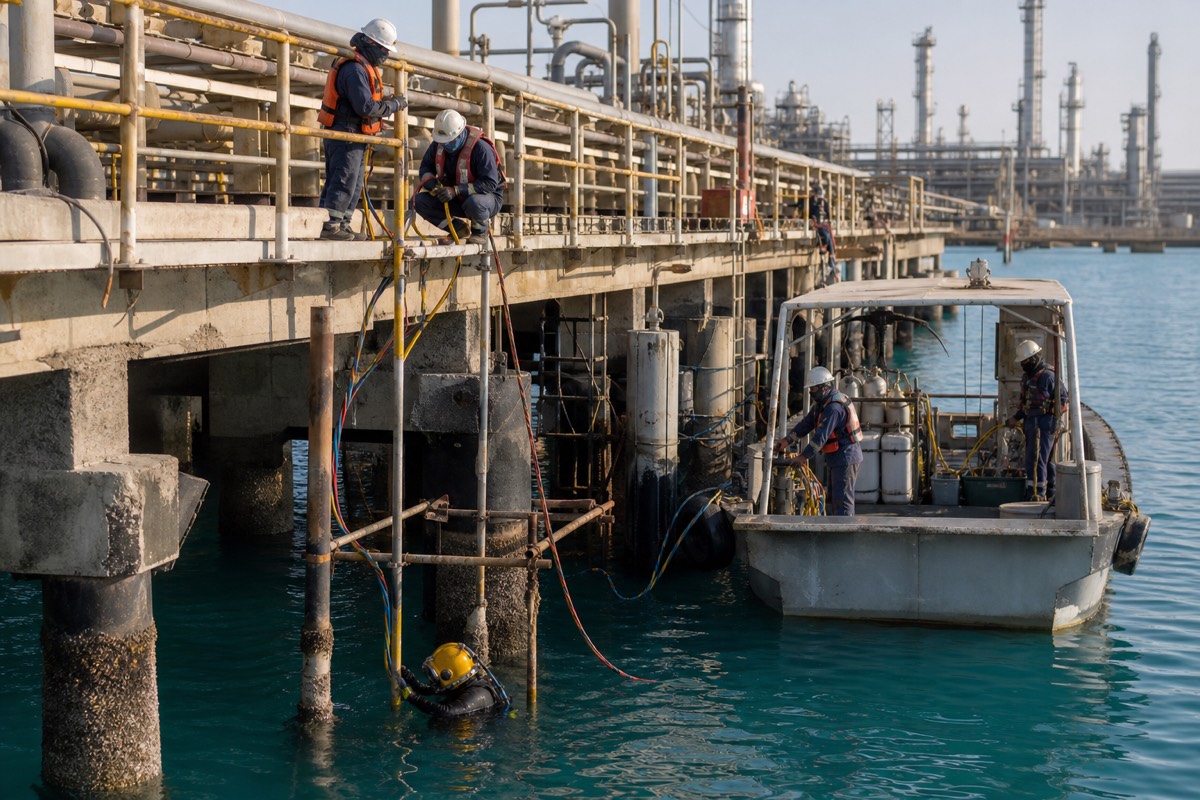 Dive-supported inspection at a refinery-linked wharf structure and pipeline interface