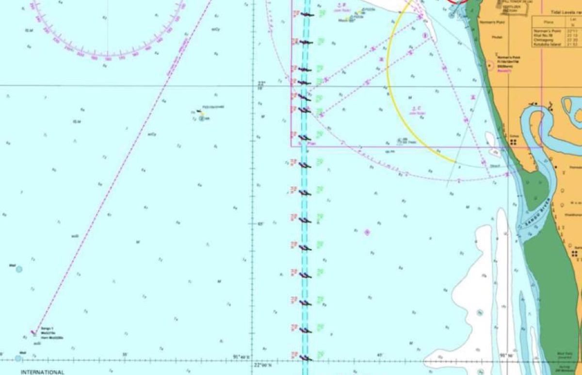 Navigation chart excerpt showing the optional Bay Terminal access-channel alignment off Chattogram