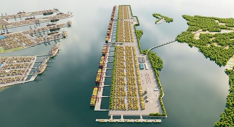 Project rendering looking along the planned Can Gio container berth platform and marine basins