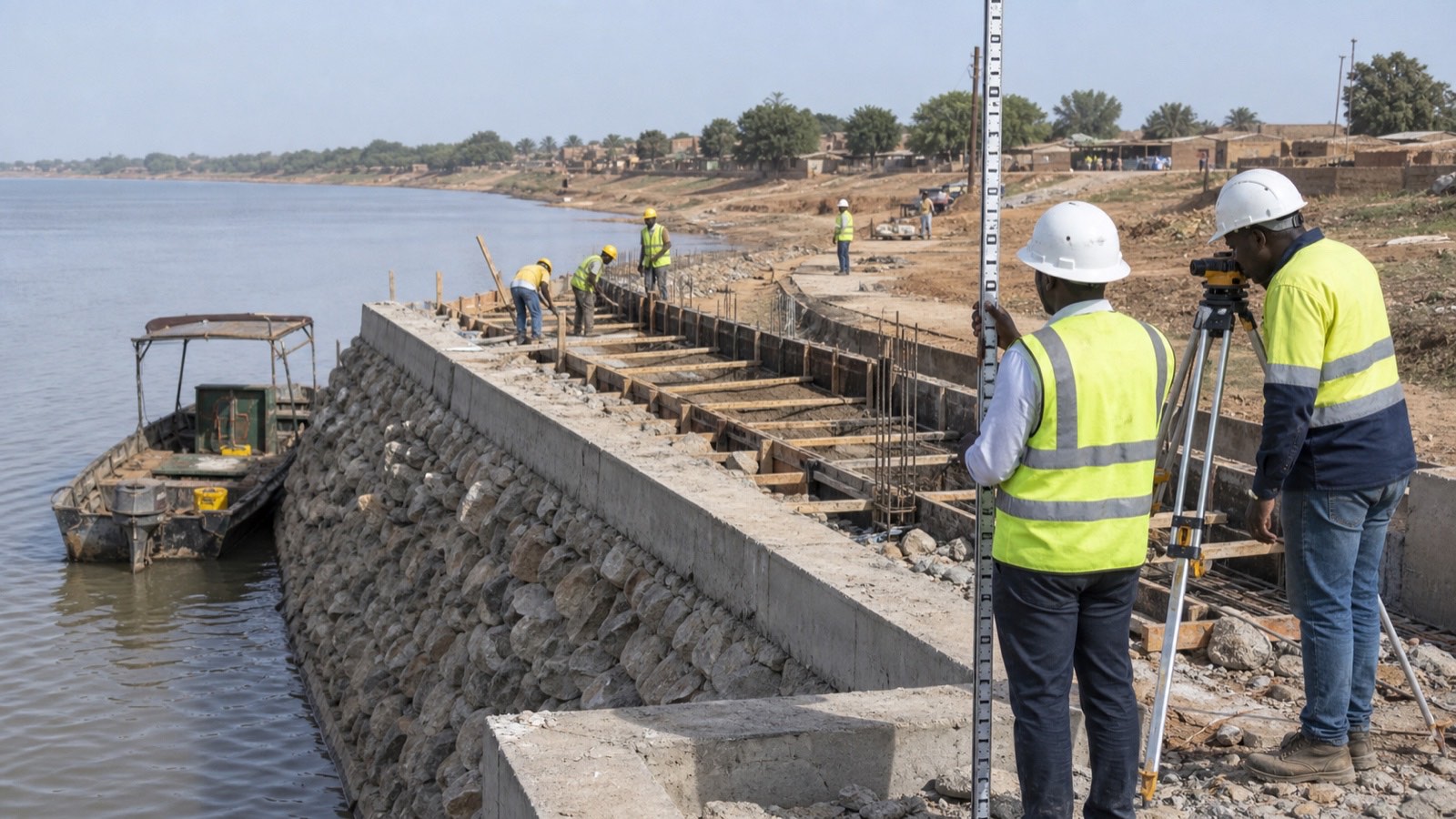 A construction survey inspecting riverbank works and port quay rehabilitation at a modest inland quay in Mali
