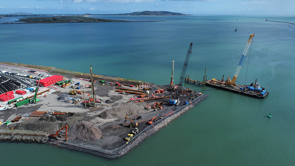 Aerial view of crane barges and piling rigs working at Dublin Port's MP2 Berths 52 and 53 site