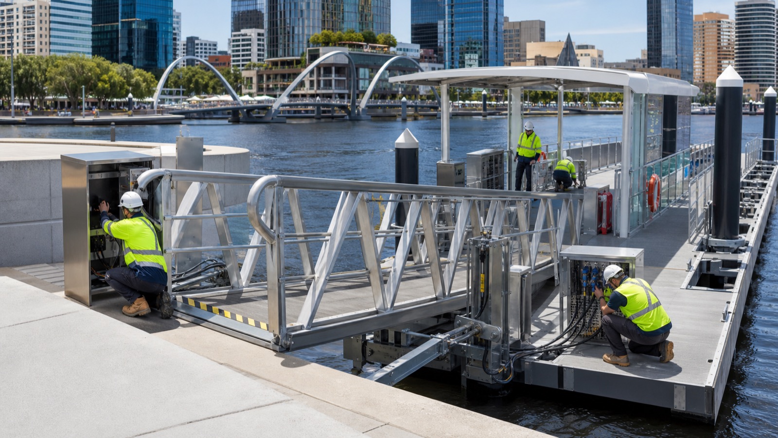 A Transperth ferry platform and passenger gangway during marine installation on the Swan River at Elizabeth Quay