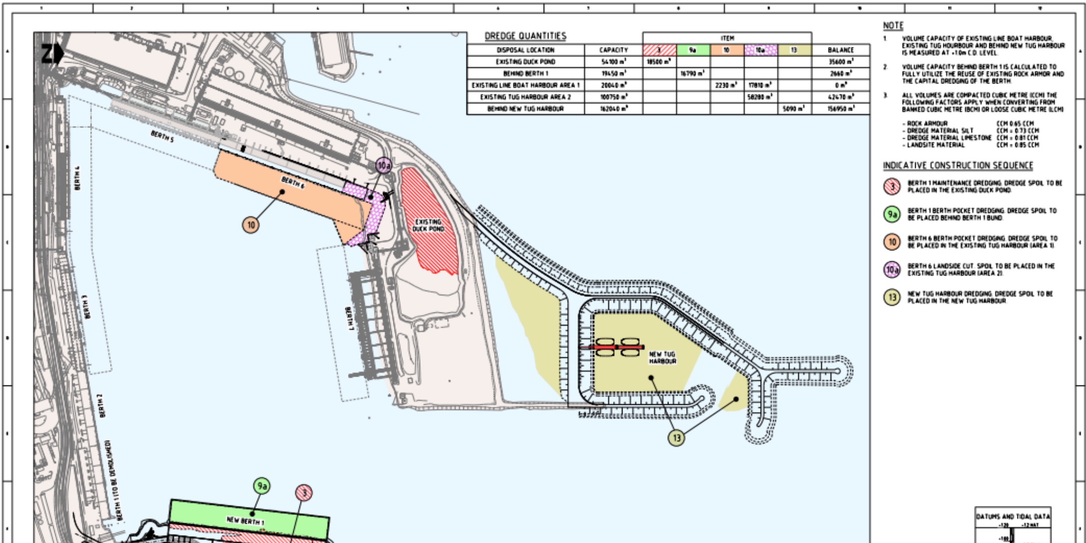 Geraldton inner-harbour plan showing Berth 1 and Berth 6 dredging, the new tug harbour and dredged-material reuse locations