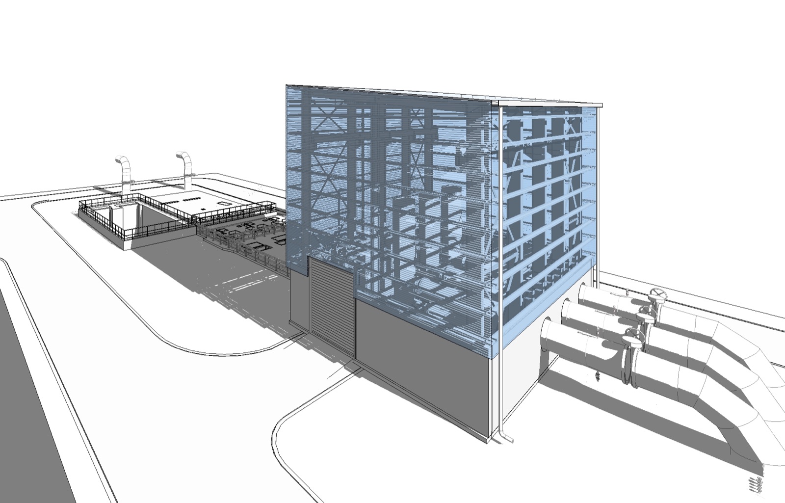 Savener IFC design model of the Ghubrah III seawater intake building with three large intake pipes entering the screened structure