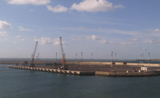 Jorf Lasfar quay construction photograph supporting the SOMAGEC SUD contractor chain and Tectone execution design record
