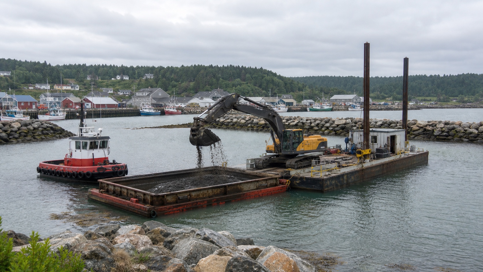 Visualization for Le Goulet maintenance dredging, showing dredged material transport from a harbour basin by excavator barge and scow