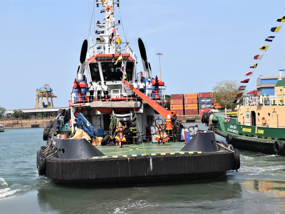 Existing harbour tug inside New Mangalore Port during the port authority's 2023 National Maritime Day event