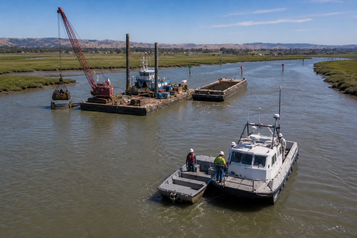 Aerial visualization of the Petaluma River dredging spread, material scow, survey support and crew boat