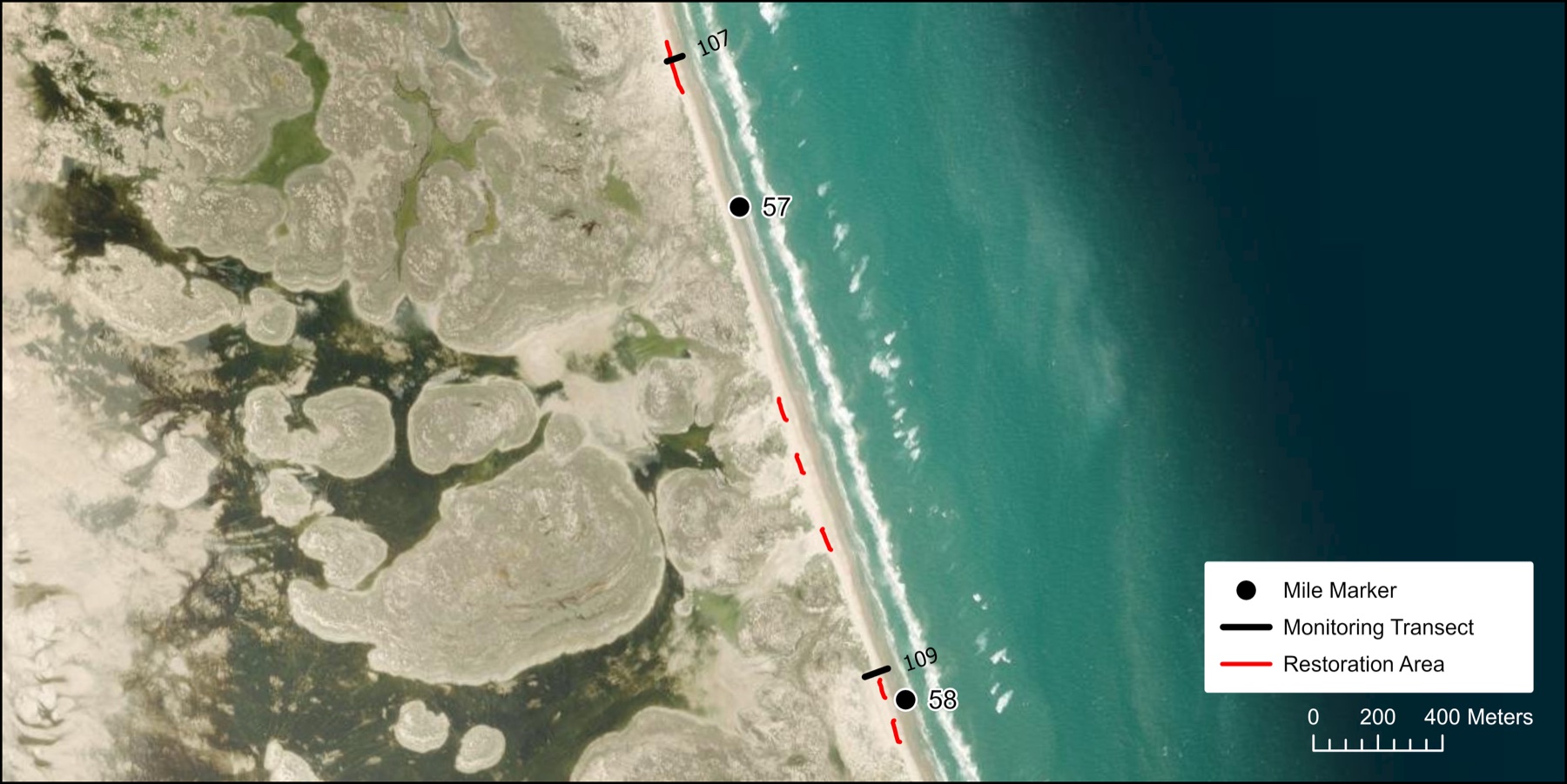 NPS aerial monitoring map of restoration areas near southern Padre Island