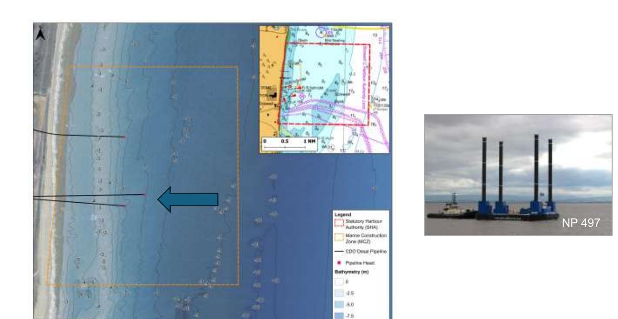 Official Sizewell C desalination pipe-pull diagram showing the offshore route beside jack-up barge NP497