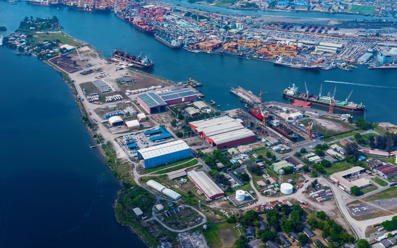 Aerial view across the existing Snake Island Port waterfront to the container terminals of Lagos Harbour