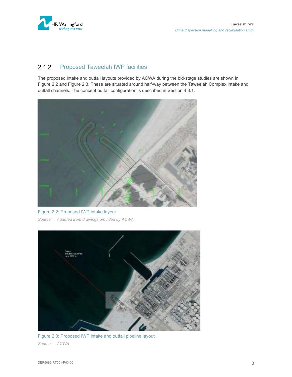 ACWA bid-stage figures showing the proposed Taweelah IWP seawater intake and intake-outfall pipeline layouts