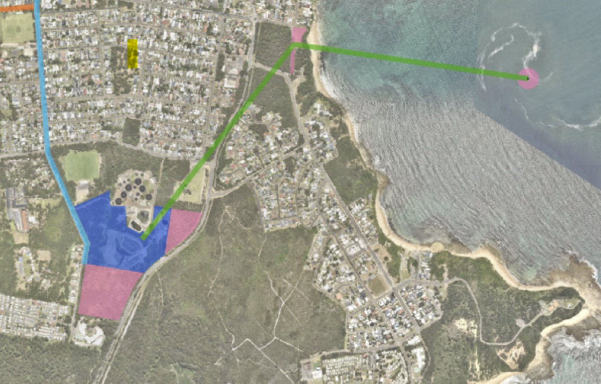 Planning-map detail showing the Toukley plant site, underground intake tunnel, Jenny Dixon Beach shaft and intake about 1 km offshore