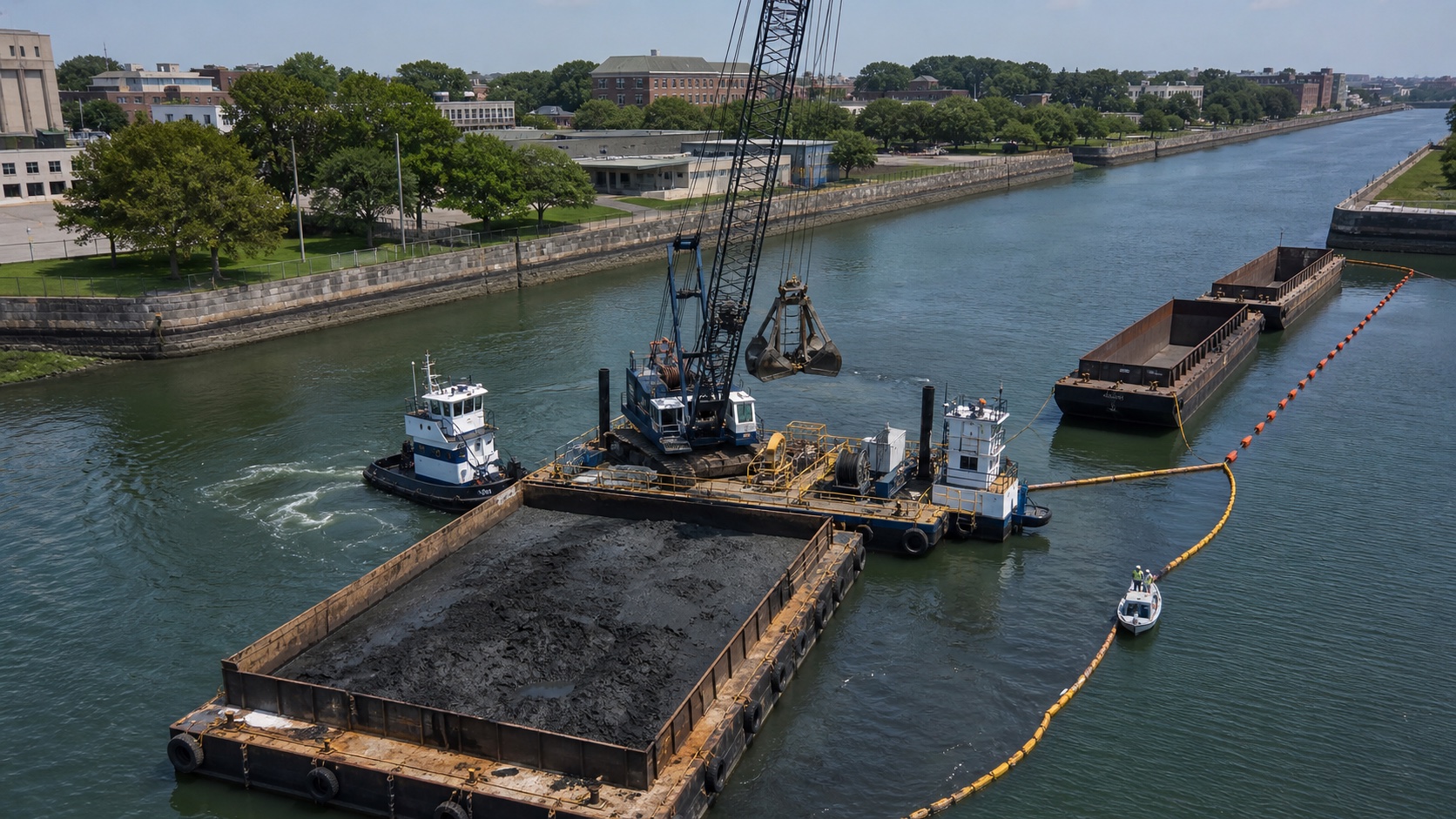 A clamshell dredge, loaded and queued scows, pushboat, work skiff at a turbidity curtain and protected vessel-passage lane