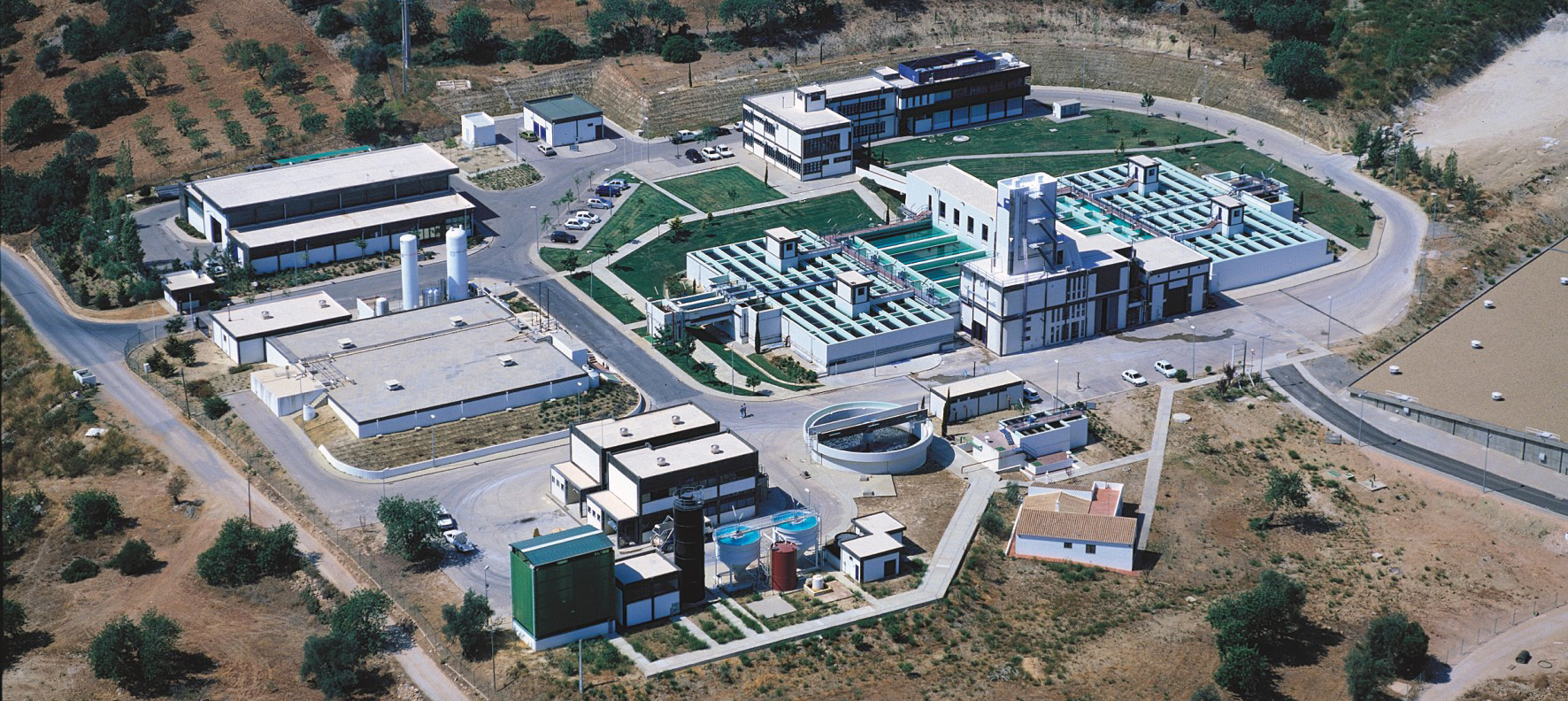 Aerial view of the existing ETA de Tavira drinking-water treatment plant in Águas do Algarve's regional system