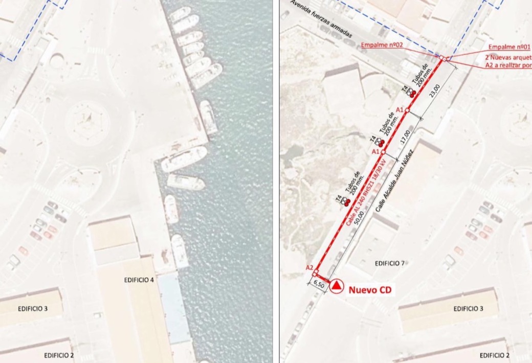 Official execution drawing comparing Tarifa fishing wharf's existing 20 kV route with the proposed 20 kV route to the new transformation centre