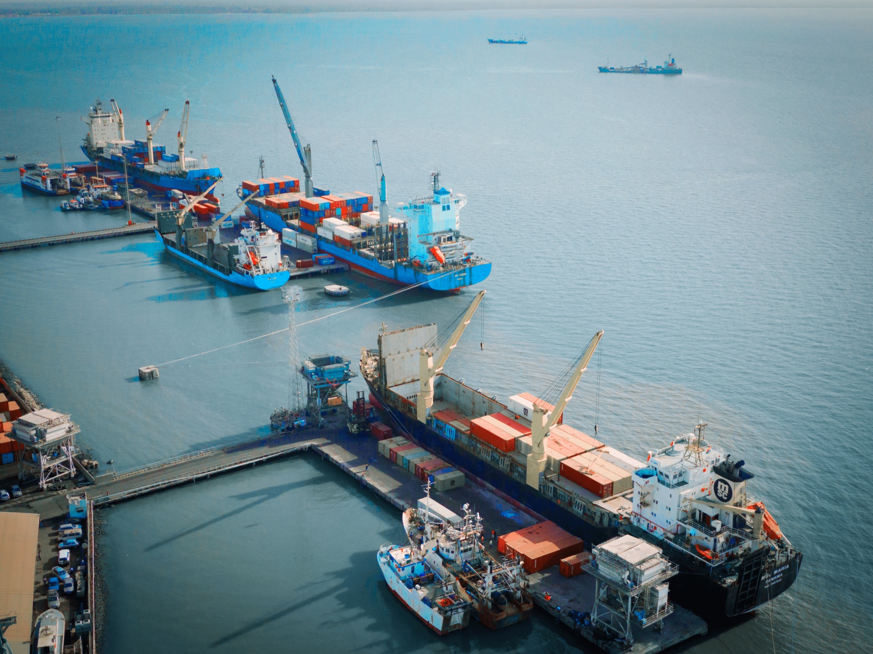 Cargo vessels and harbour craft alongside at the Port of Banjul