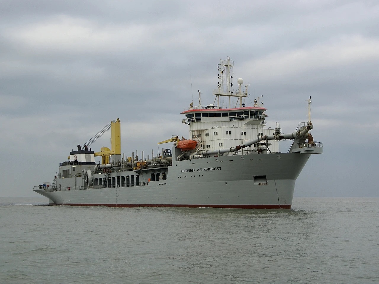 Trailing suction hopper dredger Alexander von Humboldt after dumping dredged material off Zeebrugge, representing Jan De Nul dredging fleet capability