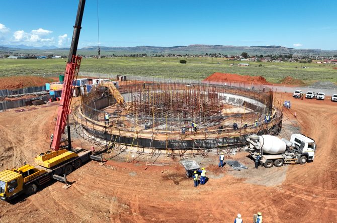 LLWDP-II water infrastructure site with a circular reinforced concrete water structure under construction in Lesotho