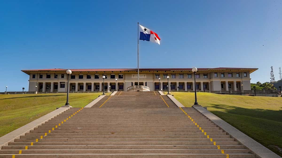 Panama Canal Administration Building at Balboa with the Panamanian flag above the central steps