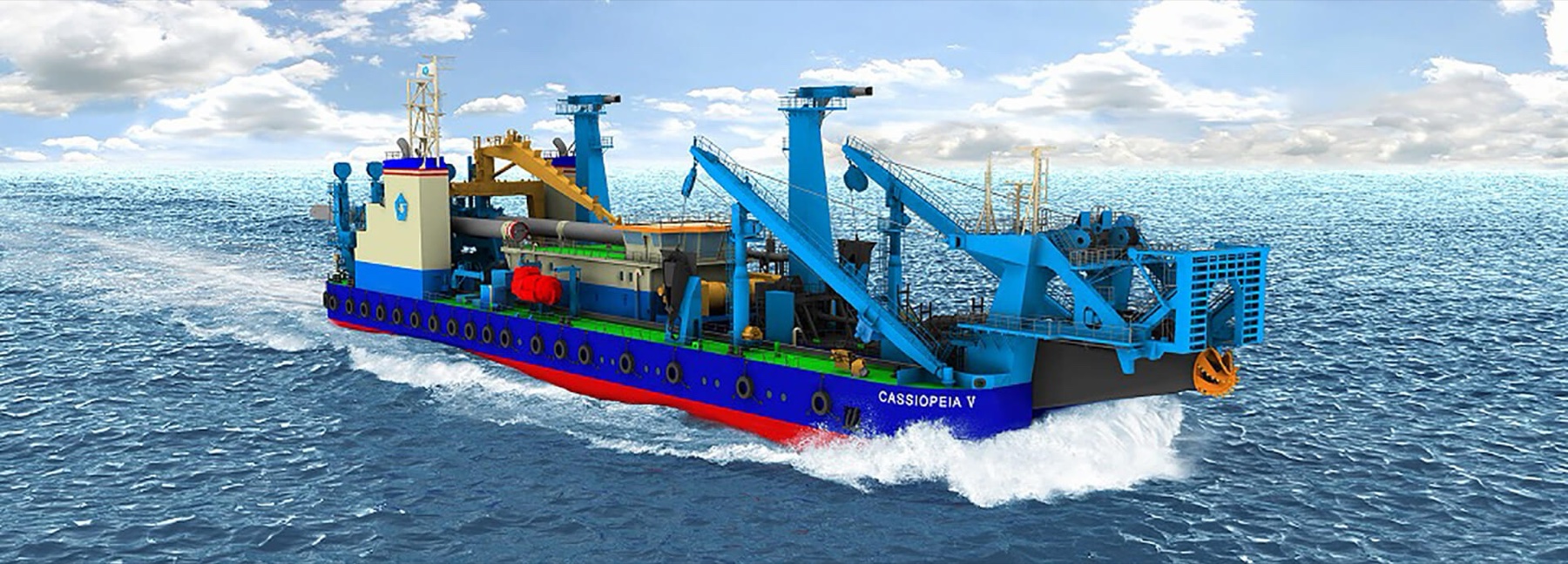 Wartsila rendering of Penta-Ocean's Cassiopeia V cutter suction dredger underway with its cutter ladder at the bow