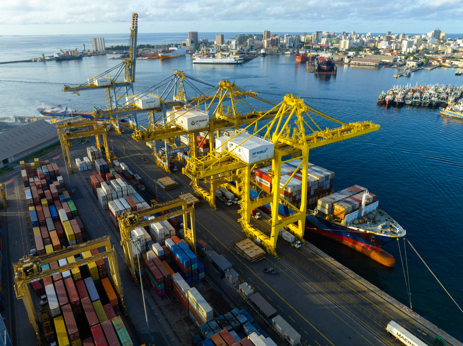 Aerial view of the existing Port of Dakar container terminal and harbour; the photograph documents the authority's current port system and is not a Ndayane construction image