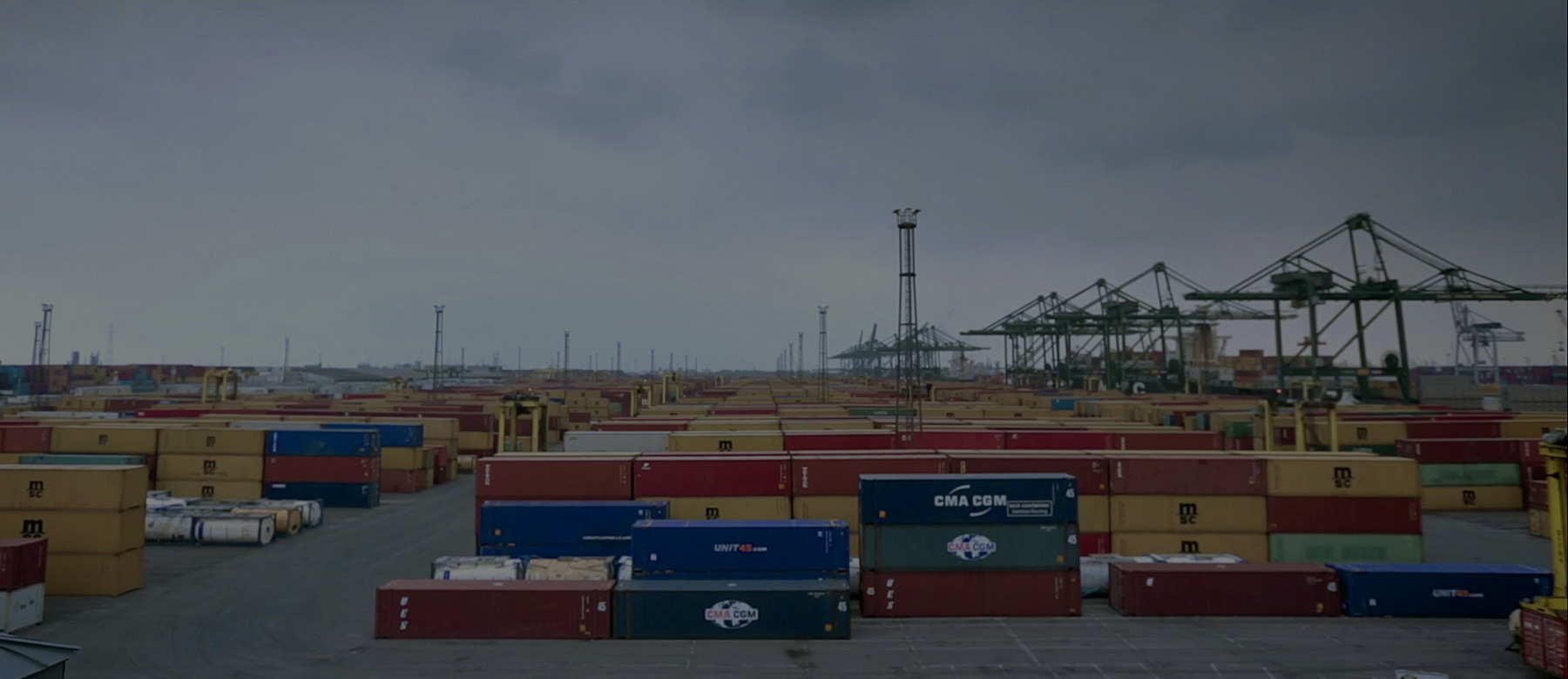 PSA container terminal yard with stacked containers and ship-to-shore cranes