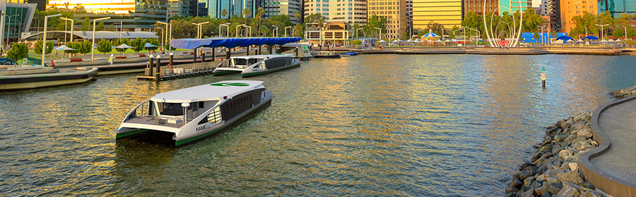 Transperth ferry approaching the ferry terminal at Elizabeth Quay on the Swan River in Perth