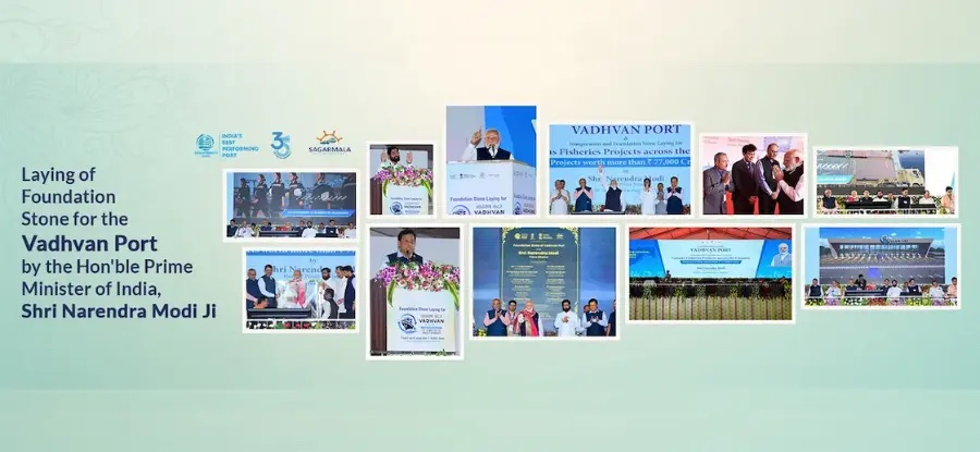 Official Vadhvan Port collage recording the August 2024 foundation-stone event and project presentations