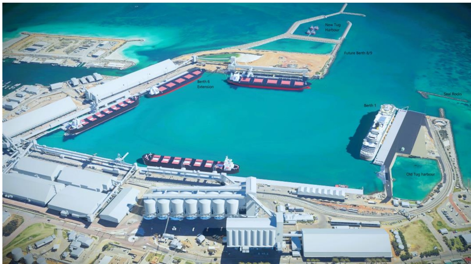 Geraldton Port Maximisation Project overview showing the new tug harbour and breakwater, Berth 1, Berth 6 extension, future Berths 8 and 9 and Seal Rocks