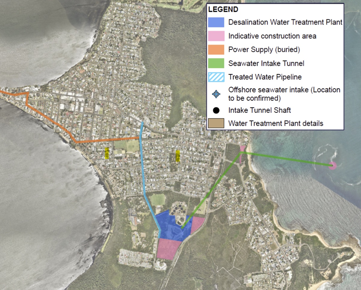 Current Toukley planning map showing the plant site, underground seawater intake tunnel, Jenny Dixon Beach shaft and offshore intake location