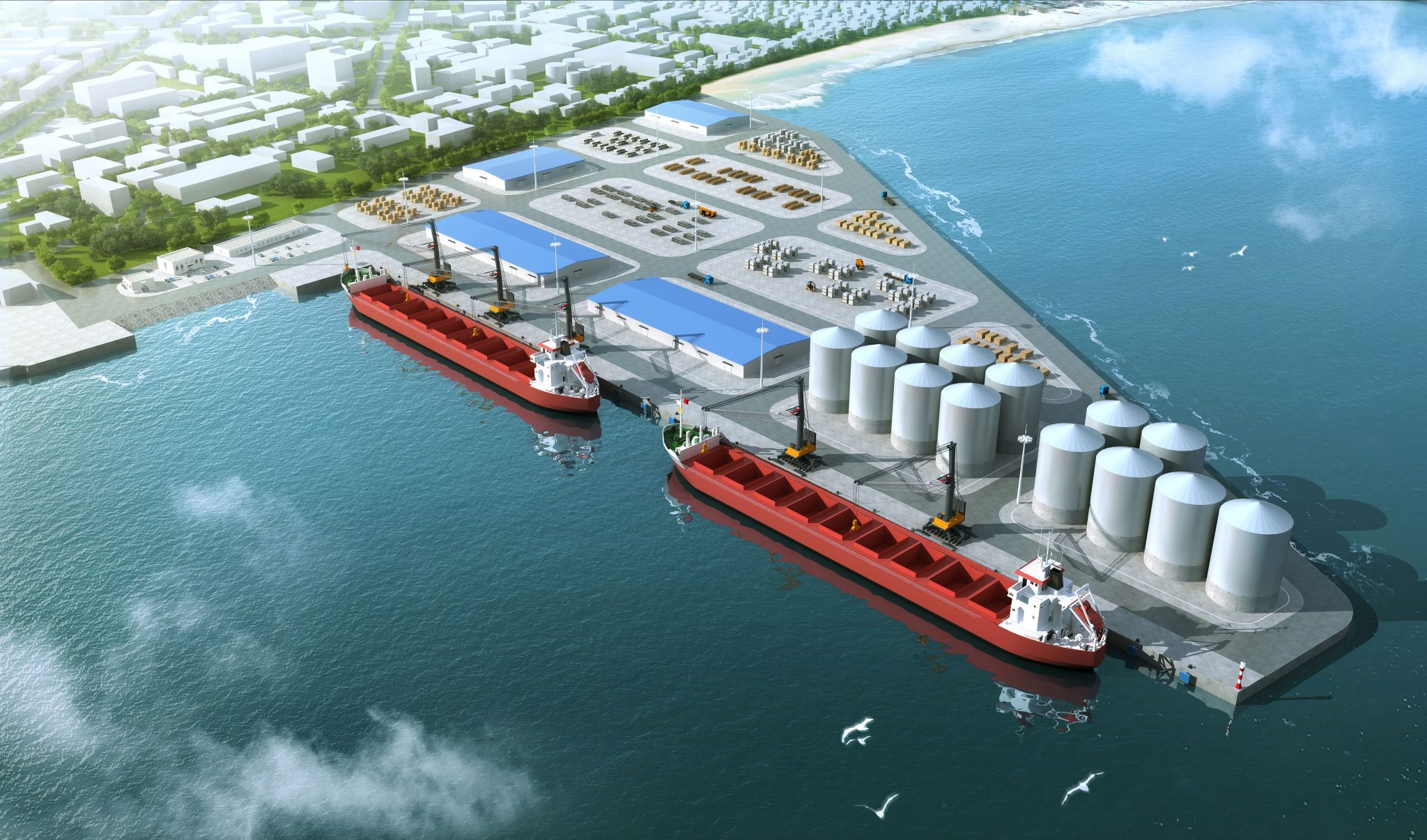 Port Autonome de Cotonou rendering of Terminal 5 with bulk berths, storage silos and reclaimed terminal land