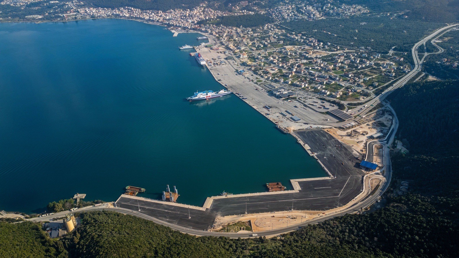 Aerial view of Igoumenitsa Port showing the ferry berths, terminal aprons and Ro-Pax vessels