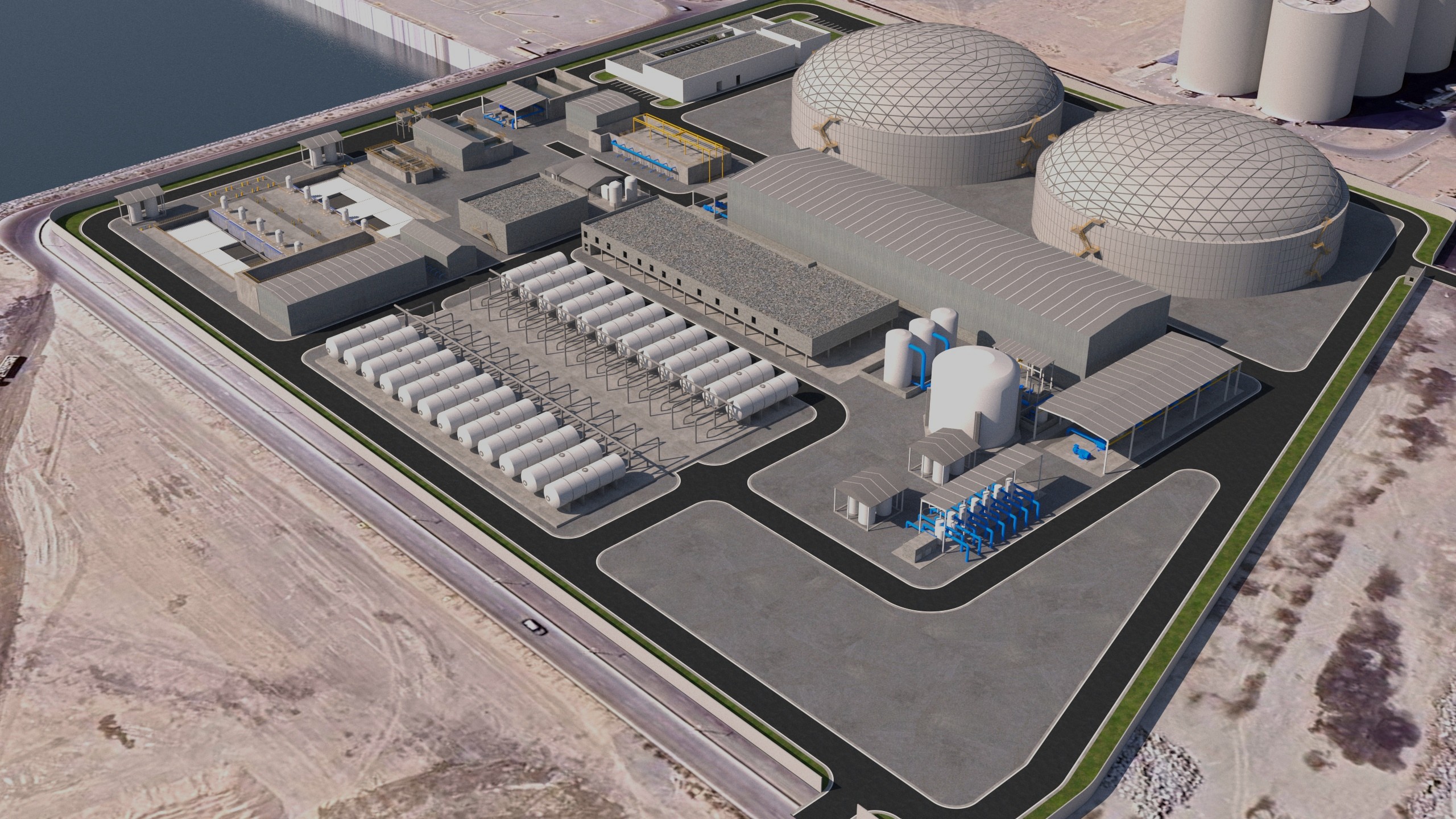 Lantania project rendering of the planned Fujairah I reverse-osmosis plant, two domed water-storage tanks and adjacent port waterfront