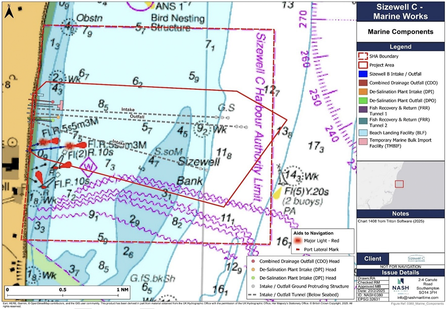 Official Sizewell C marine works map showing the combined drainage outfall, temporary desalination intake and outfall, marine freight facilities and permanent cooling-water routes